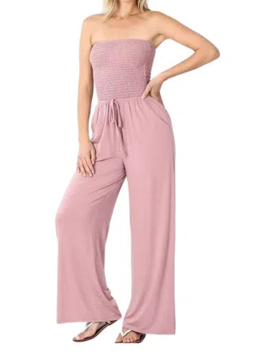 Zenana Smocked Romper Pants Suit In Dusty Rose In Multi