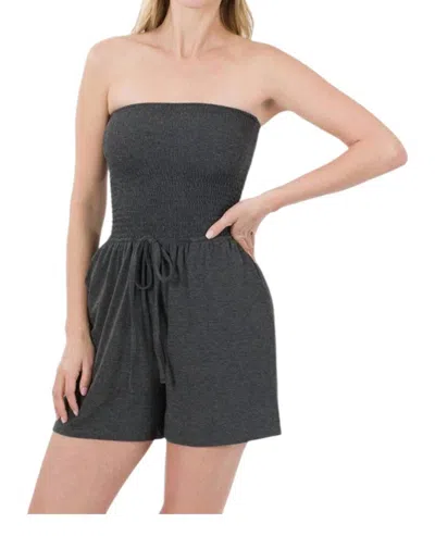 Zenana Smocked Shorts Romper In Charcoal In Multi