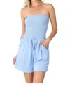 Zenana Smocked Shorts Romper In Spring Blue In Blue