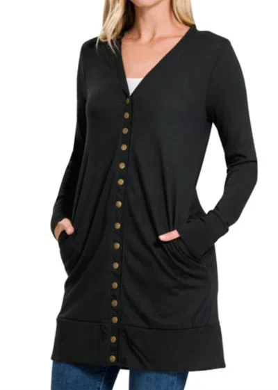 Zenana Snap Button Cardigan In Black