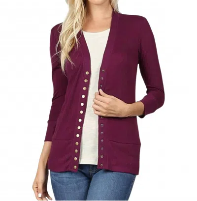 Zenana Snap Button Sweater Cardigan In Dark Plum In Burgundy