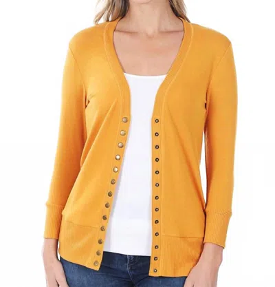 Zenana Snap Cardigan 3/4 Sleeve In Golden Mustard In Multi