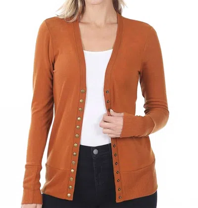 Zenana Snap Full Sleeve Cardigan In Almond In Brown