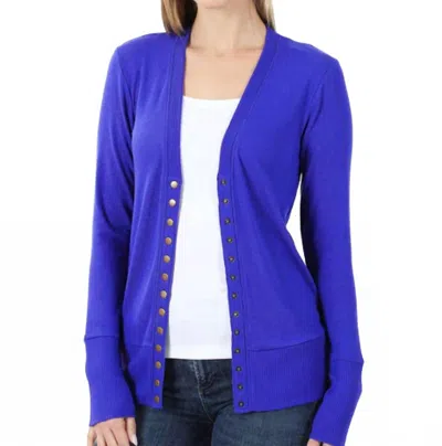 Zenana Snap Full Sleeve Cardigan In Bright Blue In Multi