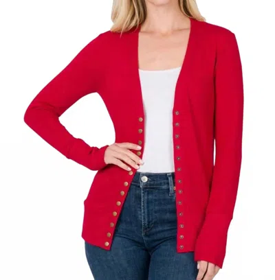 Zenana Snap Full Sleeve With Pockets Cardigan In Burgundy In Multi