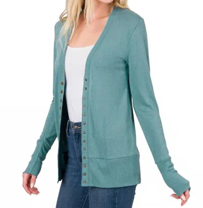 Zenana Snap Full Sleeve Cardigan In Dusty Teal In Green