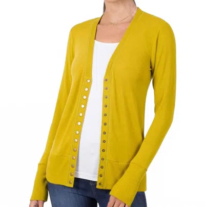 Zenana Snap Full Sleeve Cardigan In Olive Mustard In Yellow