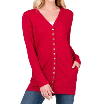 Zenana Snap Full Sleeve With Pockets Cardigan In Burgundy In Red