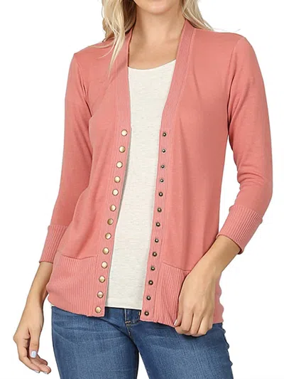 Zenana Snap Three-quarter Sleeve Cardigan In Ash Rose In Pink