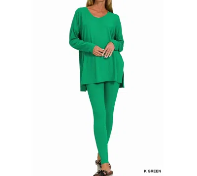 Zenana Soft Brushed Fabric V-neck Lounge Set In Green