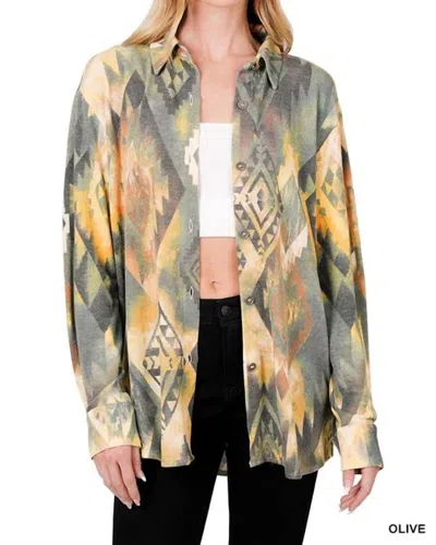 Zenana Soft French Terry Aztec Shacket In Olive In Green