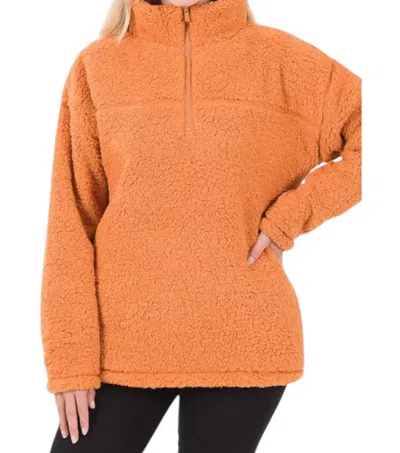 Zenana Soft Sherpa Half Zip Pullover With Pockets In Butter Orange