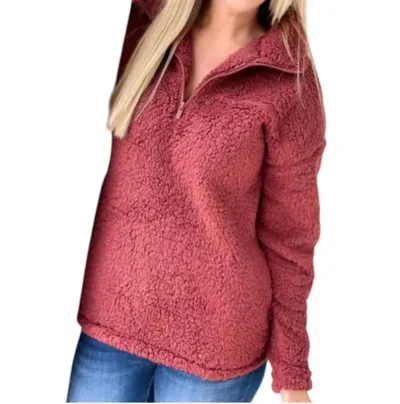 Zenana Soft Sherpa Half Zip Pullover With Pockets In Dark Rust In Red