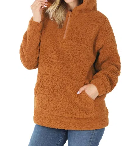 Zenana Soft Sherpa Half Zip Pullover With Pockets In Golden Mustard Hoodie In Orange