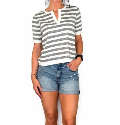 Zenana Split Neck Stripe Short Sleeve Sweater In Light Grey In Gray