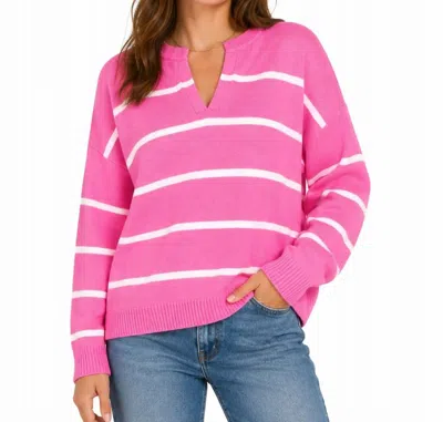 Zenana Split Neck Striped Sweater In Hot Pink