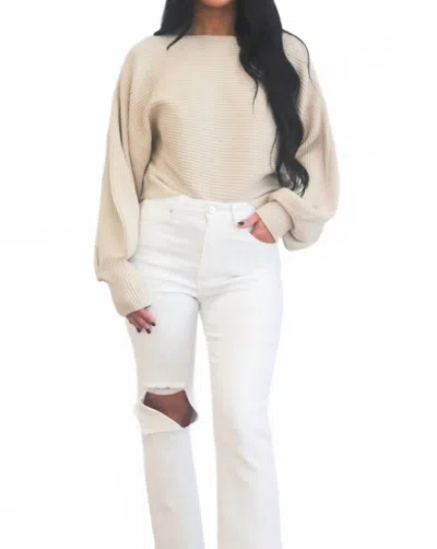 Zenana Staple Moment Boat Neck Balloon Sleeve Sweater In Sand Beige In Multi