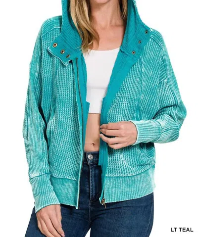Zenana Stella Acid Wash Zip Up Jacket In Teal In Blue