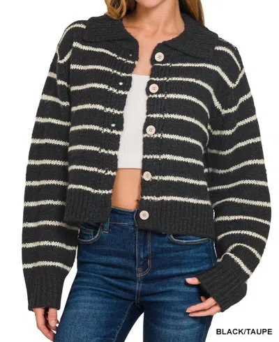 Zenana Striped Button Down Collar Sweater In Black/taupe