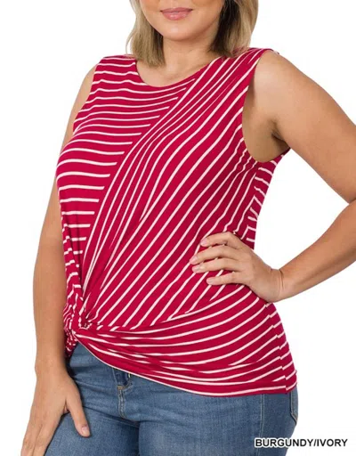 Zenana Striped Knot Front Tank Top In Burgundy