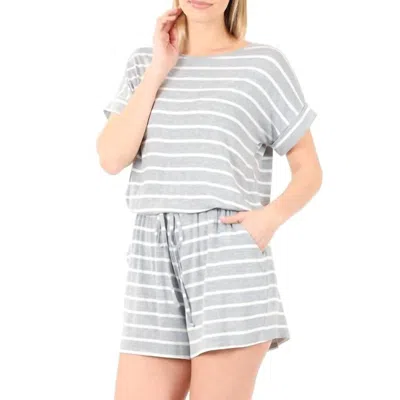 Zenana Striped Short Romper In Heather Grey In Gray