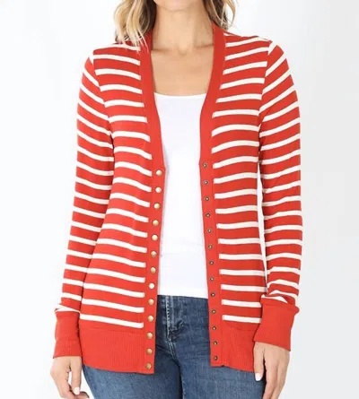 Zenana Striped Snap Full Sleeve Cardigan In Copper In Red