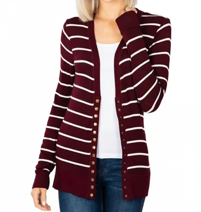 Zenana Striped Snap Full Sleeve Cardigan In Dark Burgundy In Multi