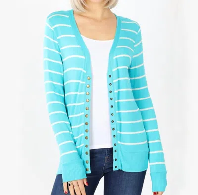 ZENANA STRIPED SNAP FULL SLEEVE CARDIGAN IN ICE BLUE