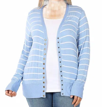 Zenana Striped Snap Full Sleeve Cardigan In Spring Blue In Multi