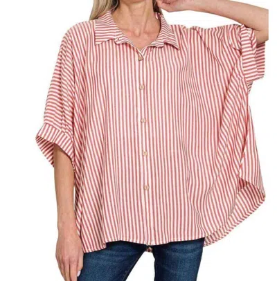 Zenana Sutton Stripe Button Down Shirt In Ruby In Pink
