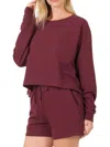 Zenana Terry Raglan Sleeve Sweater In Burgundy In Brown