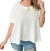 Zenana Textured Line Twisted Short Sleeve Top In Off White In White