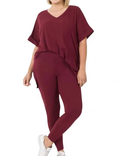 Zenana Top And Leggings Set In Burgundy In Brown
