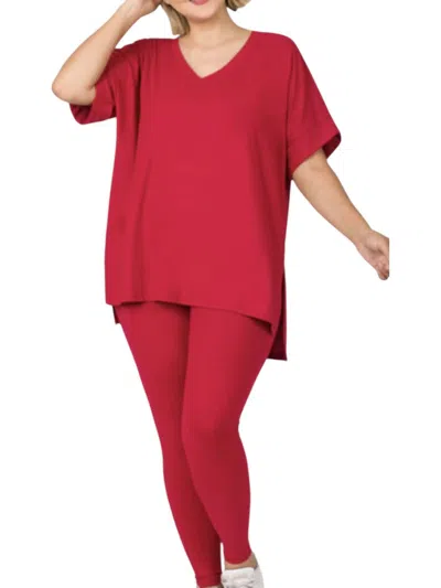 Zenana Top And Leggings Set In Cabernet In Red