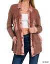Zenana Tori Waffle Knit Acid Wash Shacket In Dark Rust In Brown