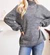 Zenana Turtleneck Melange Balloon Sleeve Sweater In Charcoal In Gray