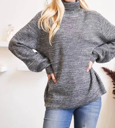 Zenana Turtleneck Melange Balloon Sleeve Sweater In Charcoal In Gray