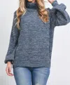 Zenana Turtleneck Melange Balloon Sleeve Sweater In Navy In Blue