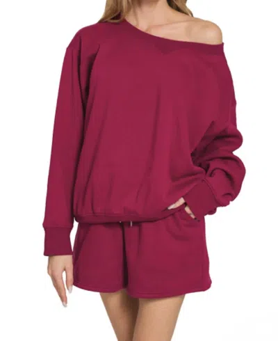 Zenana Two Piece Fleece Loungewear Set In Cabernet In Pink
