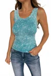 Zenana Two Way Neckline Acid Washed Ribbed Tank In Ice Blue In Blue