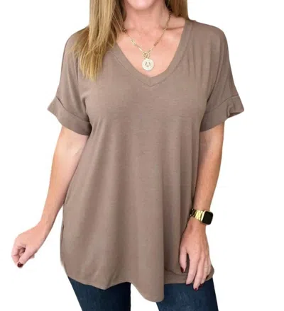 Zenana V-neck Cuffed Sleeve Hi-low Hem Top In Mocha In Brown