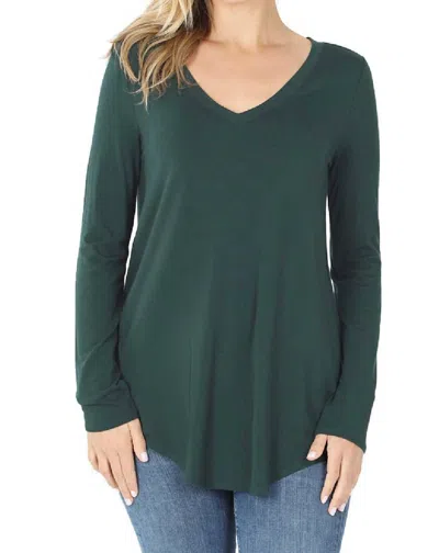 Zenana V-neck Dolphin Hem Top In Hunter Green