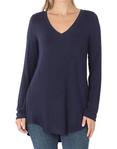 Zenana V-neck Dolphin Hem Top In Navy In Blue