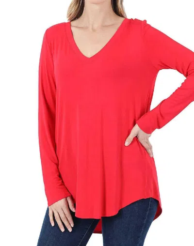 Zenana V-neck Dolphin Hem Top In Ruby Red