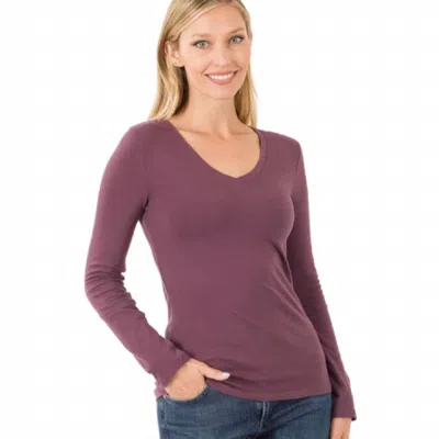 Zenana V Neck Long Sleeve Top In Eggplant In Purple
