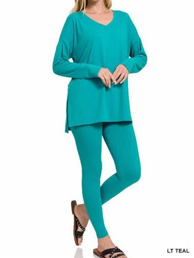 Zenana V Neck Lounge Sets In Lt Teal In Multi