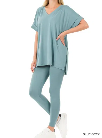 Zenana V-neck Short Sleeve & Leggings Set In Blue Grey