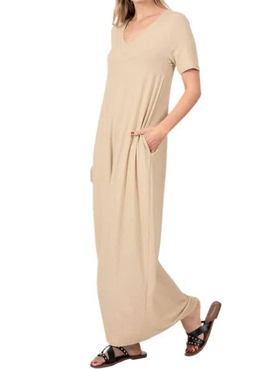 Zenana V-neck Short Sleeve Maxi Dress In Beige