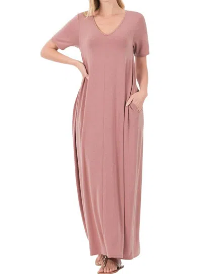 Zenana V-neck Short Sleeve Maxi Dress In Light Rose In Pink