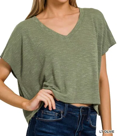 ZENANA V-NECK SLUB HACCI CROP TOP IN OLIVE